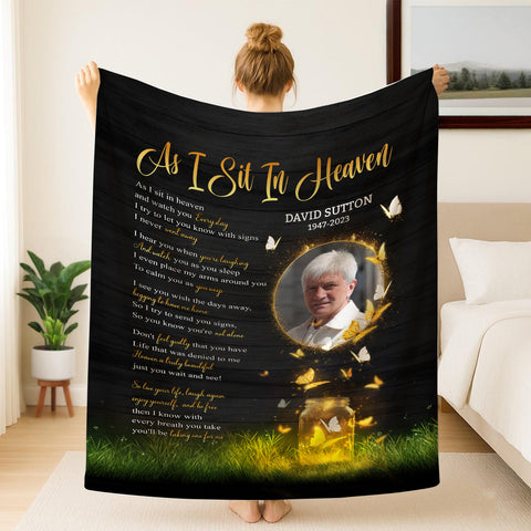 Sympathy Gifts, Memorial Blanket With Photo, Heaven Remembrance, Glowing Butterflies Artwork, Portrait Photo Center, Personalized Name, Comfort Message From Heaven, Loss Of Mom Dad