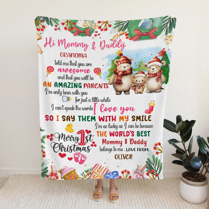 New Parents Gifts, I Am As Lucky As I Can Be Because The World's Parents Bear Family, Personalized Mom & Dad Blanket, Gifts For New Parents, Fleece Sherpa Blanket, Gifts For Christmas