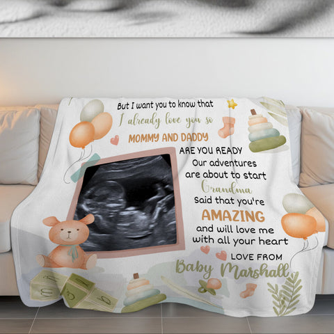 Cute Baby Bear Hi Mommy And Daddy Blanket Custom Ultrasound Picture For Mom To Be New Dad From Baby Bump  Gifts For New Mommy, Fleece Sherpa Blanket Expecting Mothers