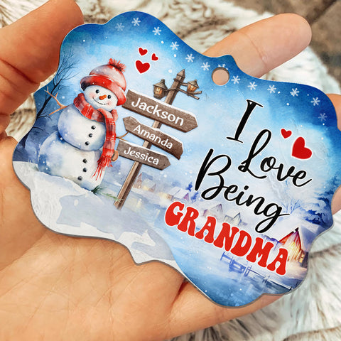 Gifts For Grandma, Cute Xmas Winter Street Sign I Love Being Grandma, Personalized Christmas Ornament Gifts For Grandparent From Grandchildren Medallion Aluminum Ornament Women Keepsake