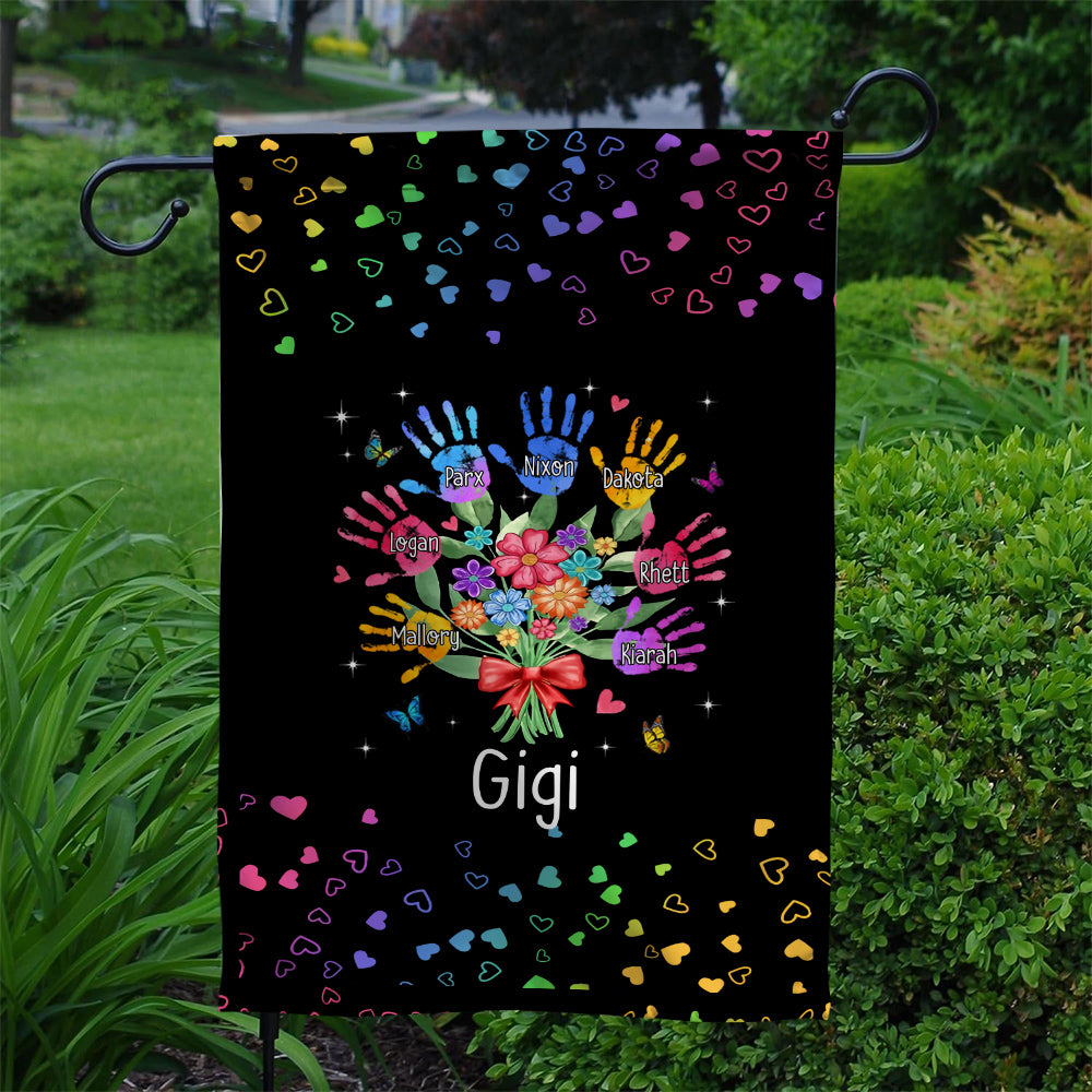 Personalized Grandkids Handprint Garden Flag, Custom Gigi Flower Bouquet Outdoor Banner, Rainbow Hearts Yard Lawn Decor,Grandchildren Names Yard Decor