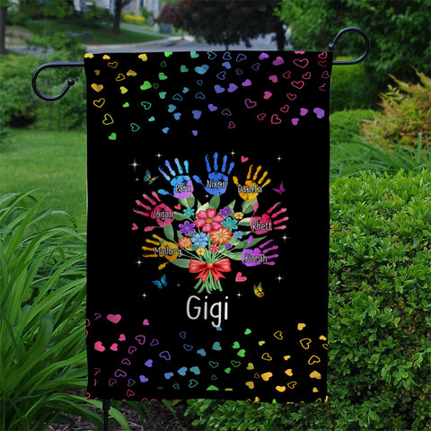 Personalized Grandkids Handprint Garden Flag, Custom Gigi Flower Bouquet Outdoor Banner, Rainbow Hearts Yard Lawn Decor,Grandchildren Names Yard Decor