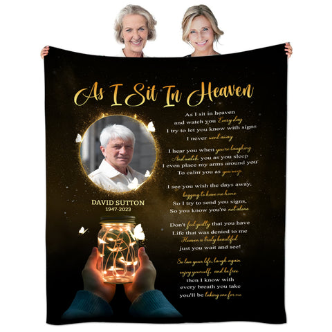 Sympathy Gifts, Personalized Memorial Blanket With Photo, Remembrance Blanket, Memorial Message From Above, Heaven Remembrance, Glowing Jar With Butterflies, Portrait Tribute Style