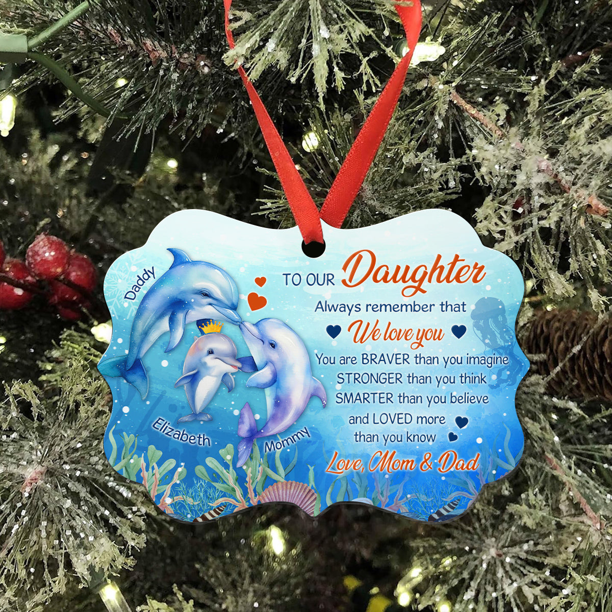 Daughter Gifts, Ocean Fish Family You Are Braver Than You Imagine Medallion Aluminum Ornament For Girls Babies From Mom Dad Parents, Xmas Tree Decor, Gifts For Birthday Holiday Winter