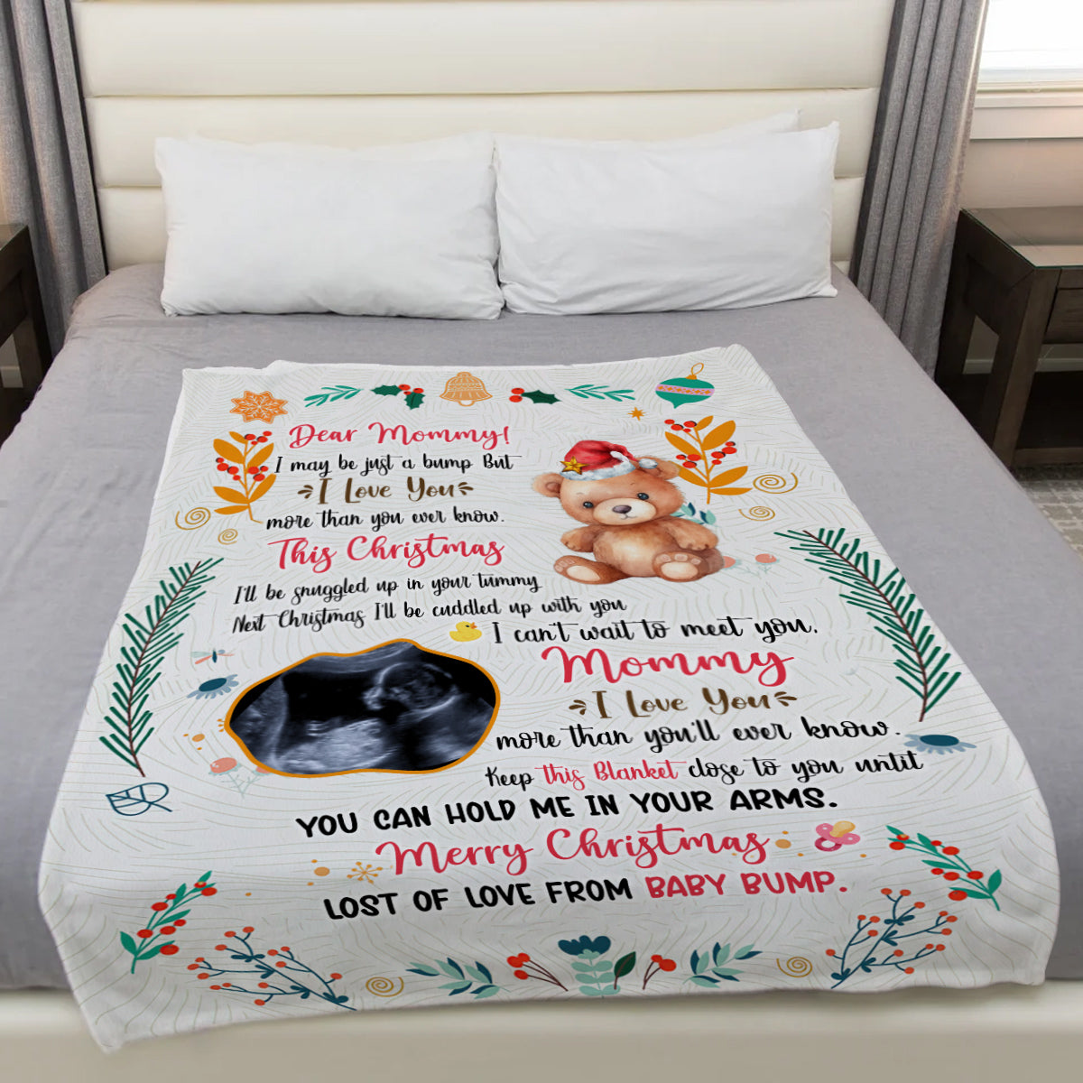 Mom To Be Gifts, This Christmas I'll Be Snuggled Up In Your Tummy Baby Ultrasound And Bear, Personalized Blanket, Gifts For Mommy , Fleece Sherpa, New Mom Blanket, Gifts For Christmas