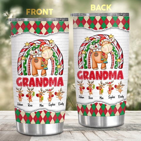 Cute Christmas Rainbow Tumbler, Grandma Custom Grandchildren Names Travel Cup, Winter Drinkware Cup, Rainbow Reindeer Family Names Travel Tumbler, Gifts For Nana From Grandkids, 20oz