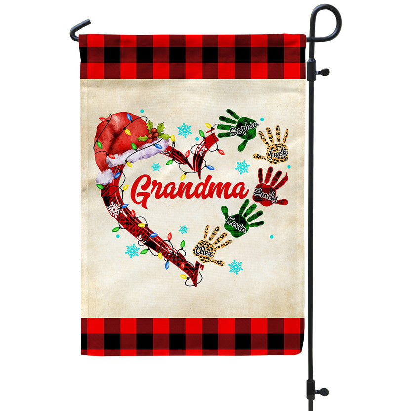 Grandma Handprint Christmas Garden Flag, Personalized Grandkids Outdoor Banner, Red Plaid Heart Yard Decor, Holiday Season Apparel, Personalized Garden Flag, Gifts For Nana From Kids