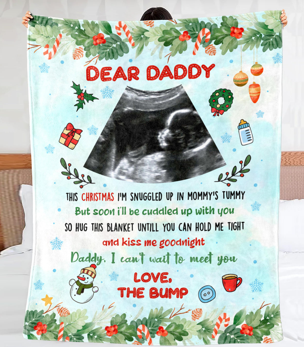 Personalized Sonogram Blanket For Dad To Be From Baby Bump I Can't Wait To Meet You Ultrasound Announcement Custom Name Photo Gifts For Christmas Fleece Sherpa Blanket For 1St Christmas