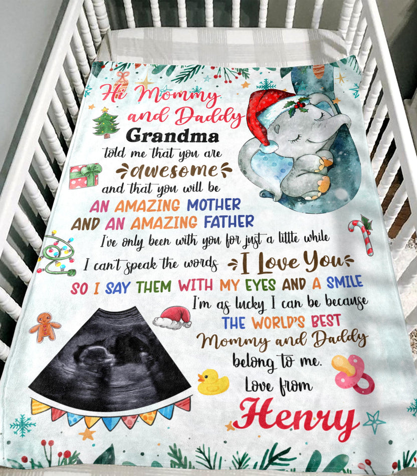 Personalized Blanket For Mommy Daddy From Baby Boy Girl New Parents Gifts I'm As Lucky As I Can Be Cute Blue Elephant Baby's Sonogram Custom Name Photo Fleece Sherpa Blanket For Christmas