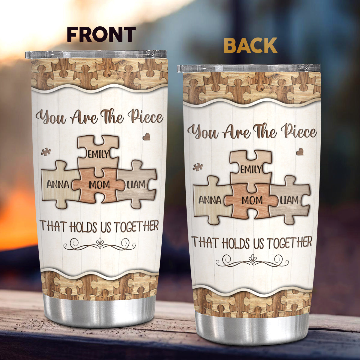 You Are The Pieces That Holds Us Together Wooden Piece , Personalized Tumbler, Gifts For Mom Mother From Daughter Son, 20oz With Lid Travel Cup, Gifts For Birthday Mothers Day