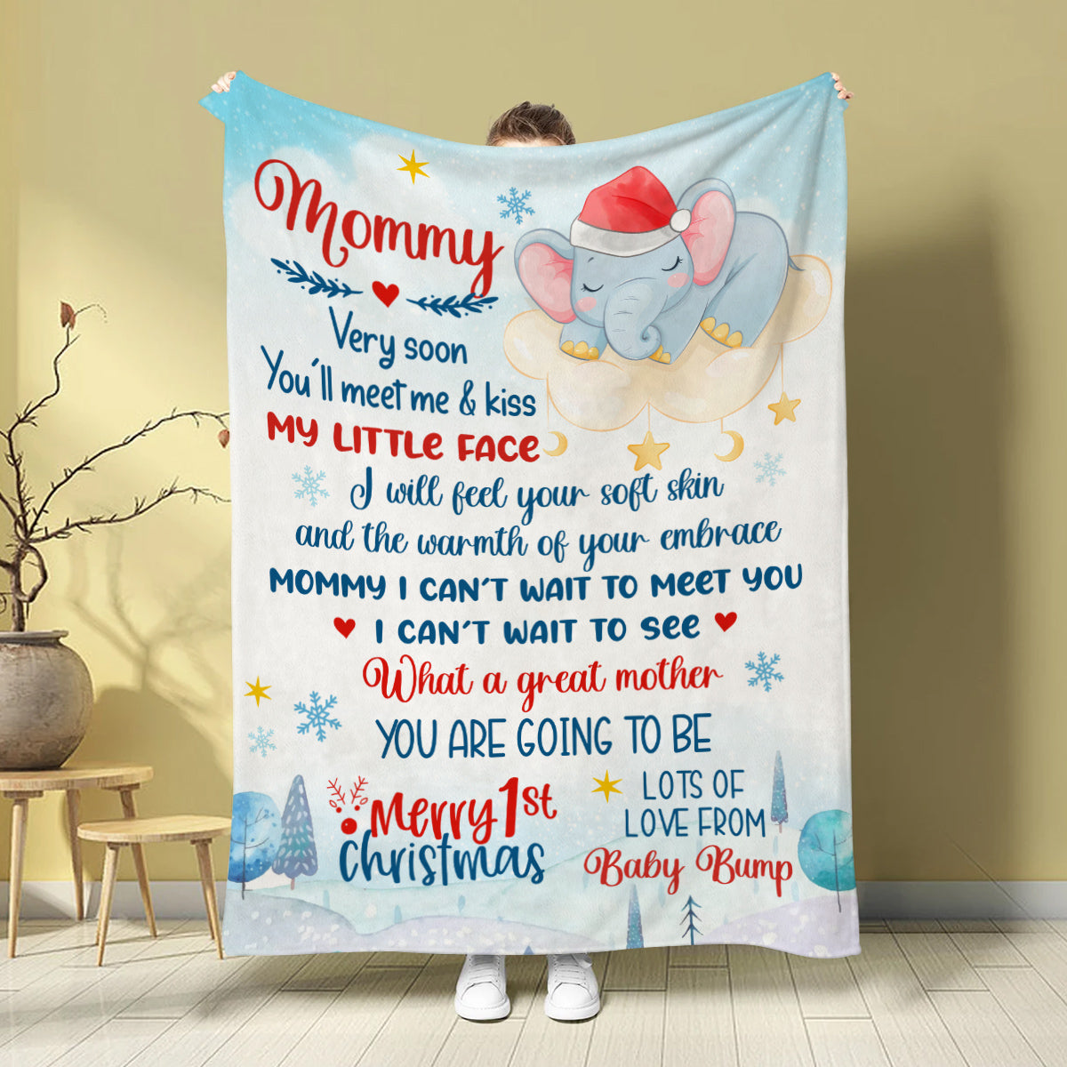 Gifts For New Mom, Mommy I Can't Wait To Meet You Snowflakes Elephant Sleeping In Moon, Personalized Blanket, Gifts For New Mommy, Fleece Sherpa, New Mom Blanket, Gifts For Xmas