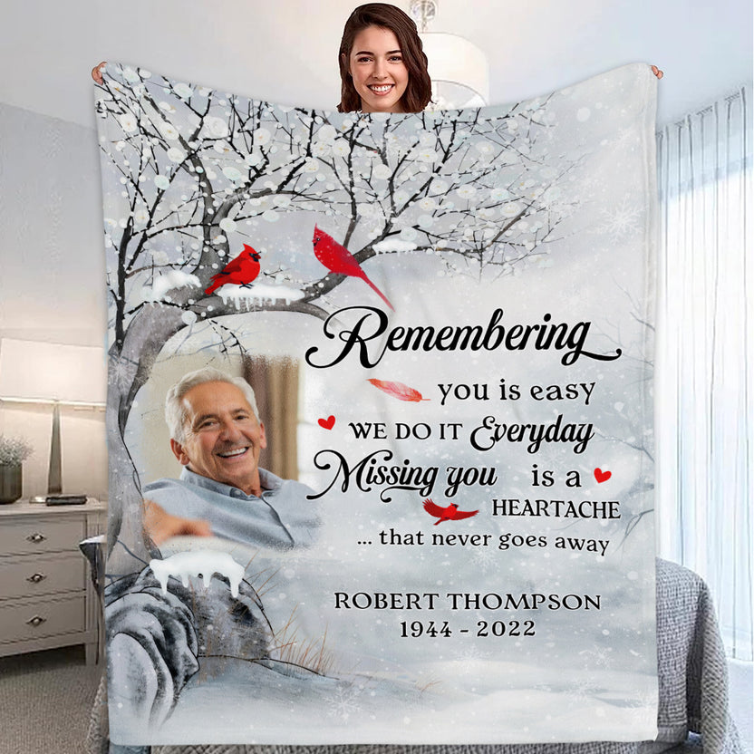 Memorial Gifts, Personalized Memorial Blanket With Photo, Remembering You Is Easy Memorial Tree Red Birds, Loss Of Dad Grandpa Blanket, Fleece Sherpa, Memorial Gifts For Anniversary