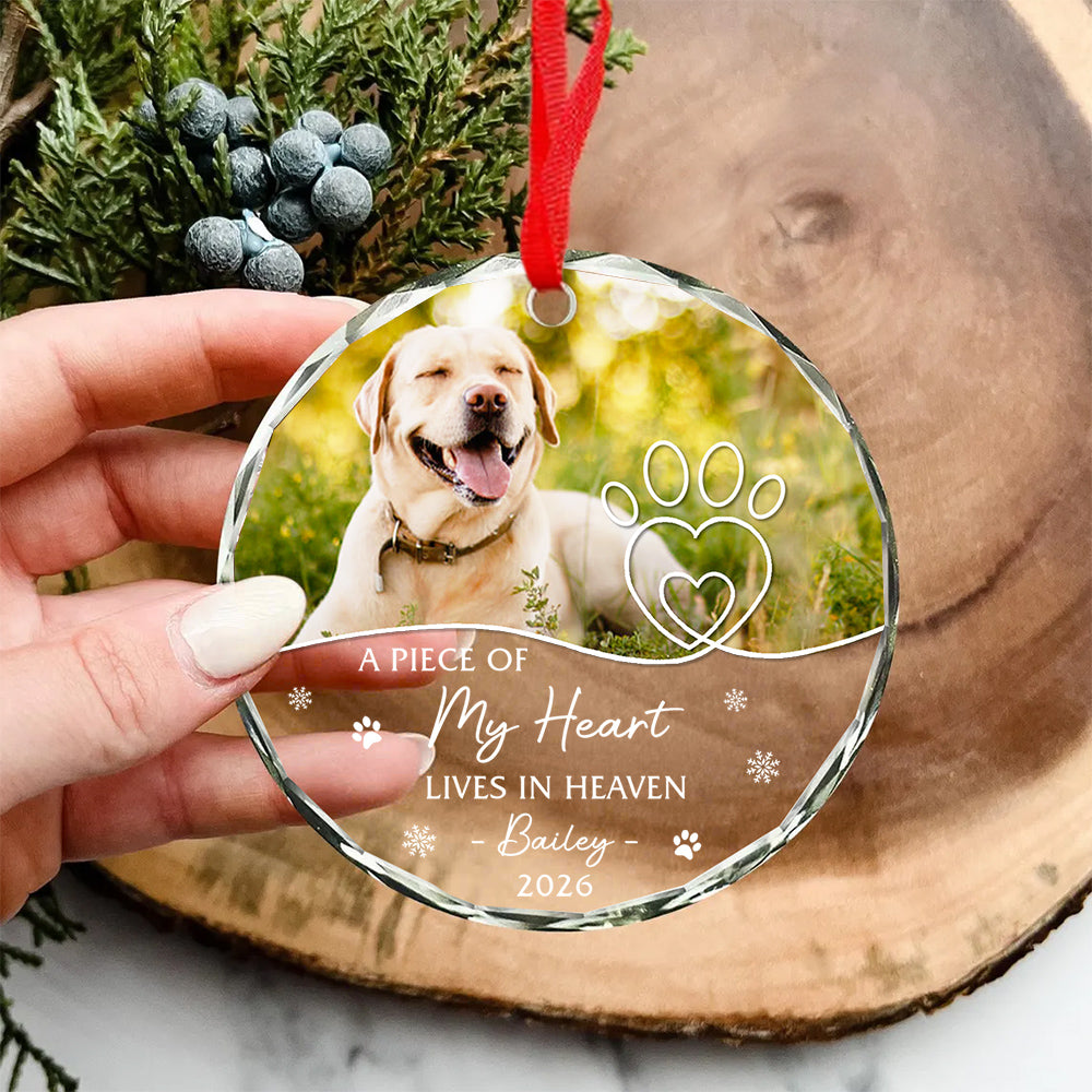A Piece Of Heart Lives In Heaven Snowflake Pawdog. My Heart Lives In Heaven Glass Ornament, Xmas Tree, Pet Memorial Keepsake, Pet Memorial Ornament With Photo, Gifts For Loss Of Dog