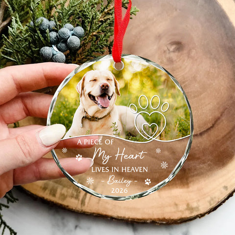 A Piece Of Heart Lives In Heaven Snowflake Pawdog. My Heart Lives In Heaven Glass Ornament, Xmas Tree, Pet Memorial Keepsake, Pet Memorial Ornament With Photo, Gifts For Loss Of Dog