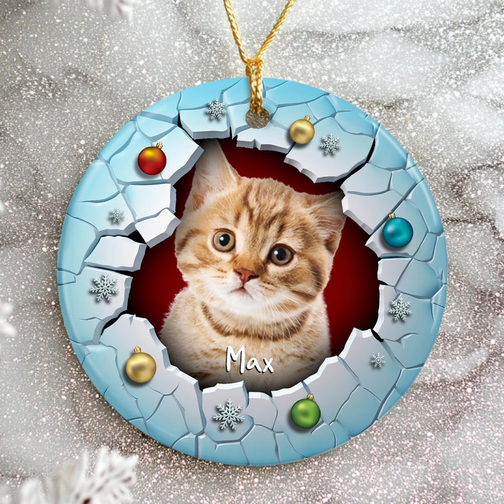Fluffy Cat Christmas Ornament 3d Break Through Circle Circle Ceramic/ Plastic Design, Custom Name Pet Decoration, Holiday Keepsake Gifts, Personalized Christmas Ornament, Gifts For Cat