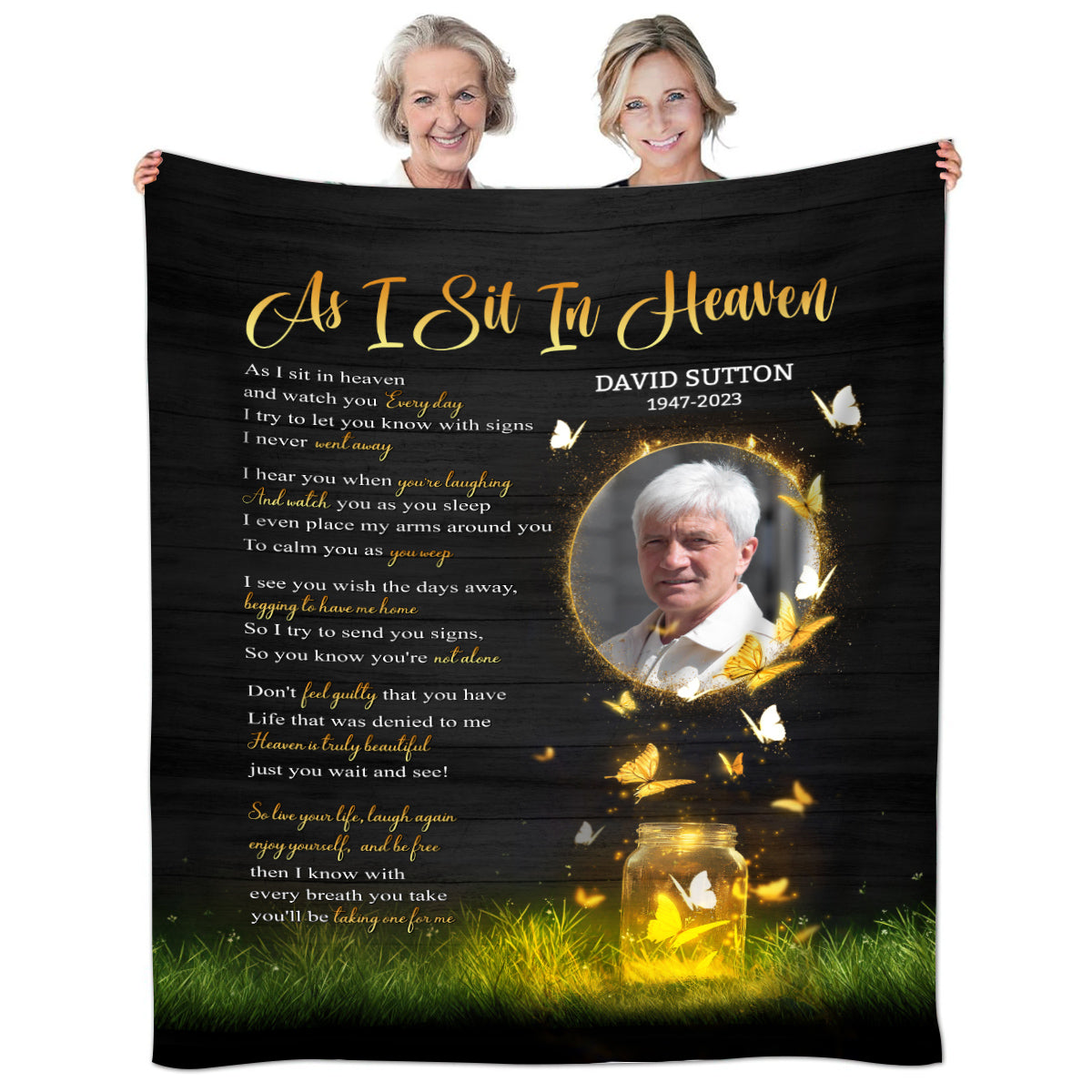 Sympathy Gifts, Memorial Blanket With Photo, Heaven Remembrance, Glowing Butterflies Artwork, Portrait Photo Center, Personalized Name, Comfort Message From Heaven, Loss Of Mom Dad