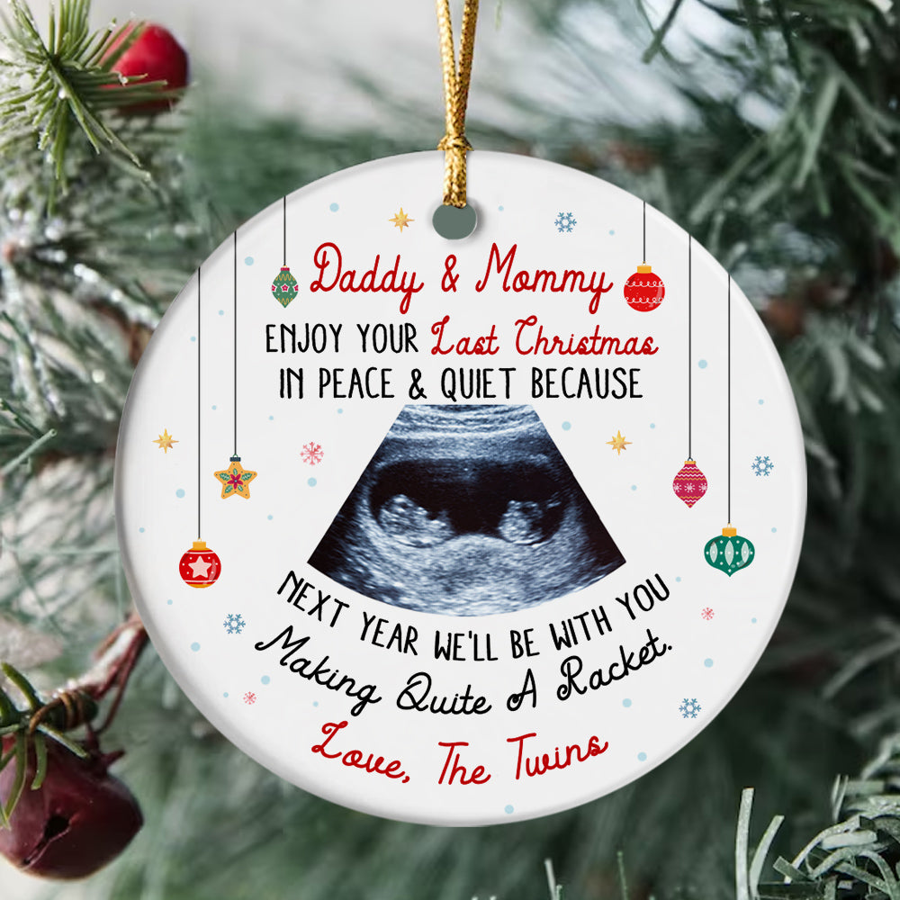 Daddy & Mommy Twins Ultrasound Ornament, Last Peaceful Christmas, Pregnancy Reveal Xmas Gift, Custom Sonogram Expecting Parents Keepsake