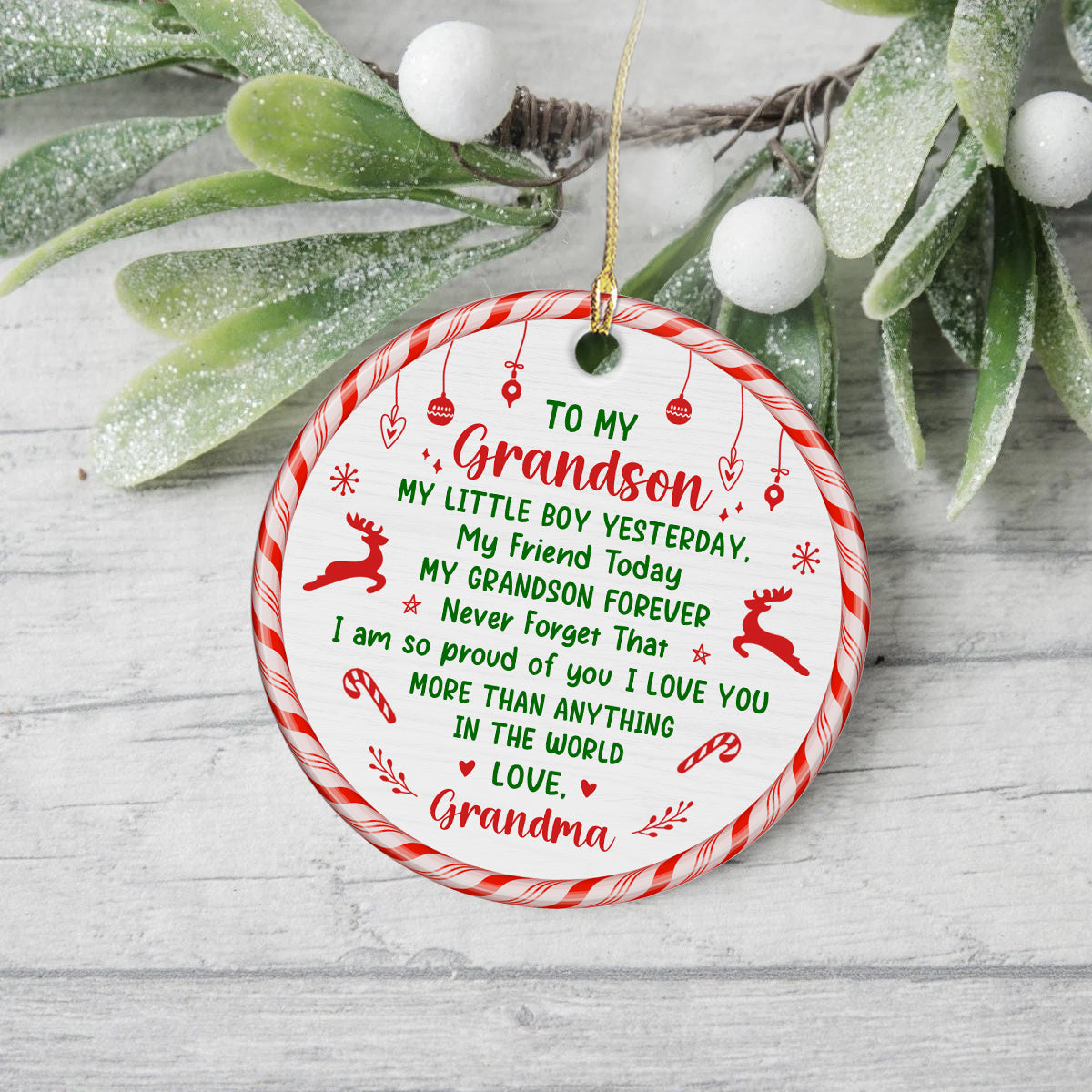 Grandsons Gifts, My Little Boy Yesterday Christmas Theme Candy Cane Circle Ceramic Ornament, Personalized Christmas Ornament, Gifts For Boys From Nana, Xmas Tree Decor