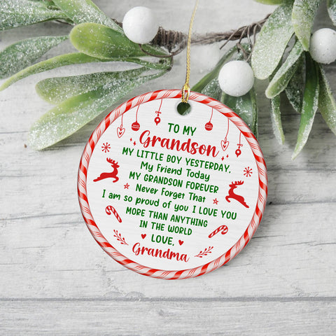 Grandsons Gifts, My Little Boy Yesterday Christmas Theme Candy Cane Circle Ceramic Ornament, Personalized Christmas Ornament, Gifts For Boys From Nana, Xmas Tree Decor