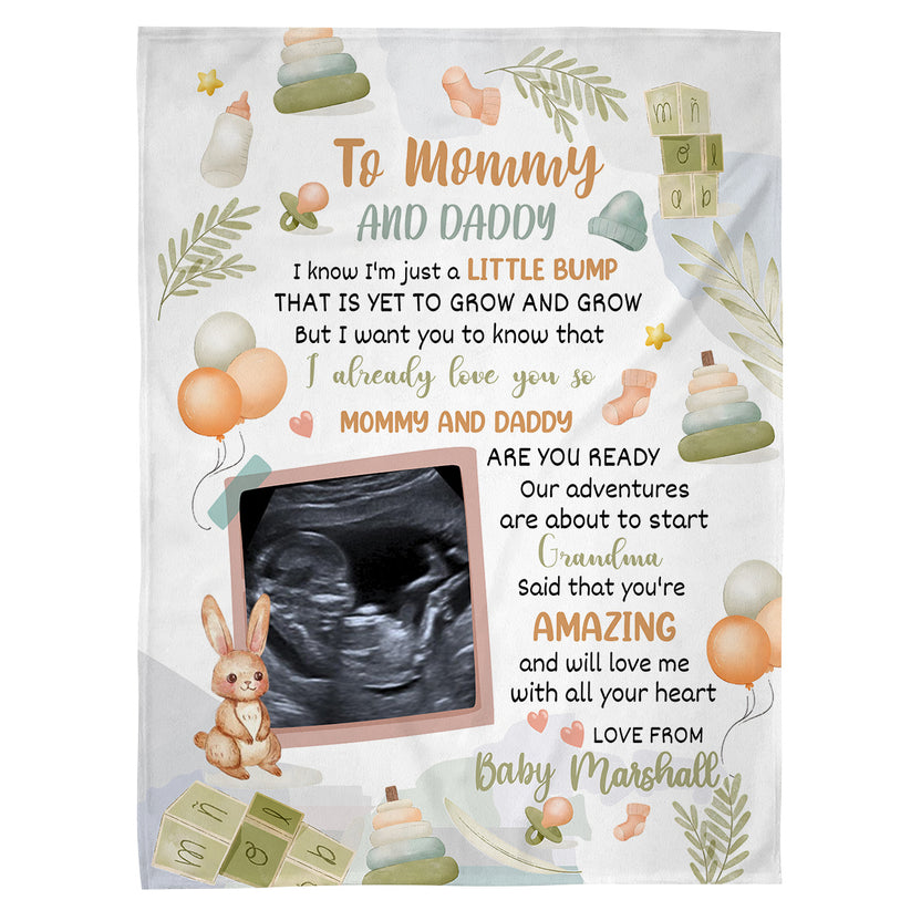 Cute Bay Bunny Hi Mommy And Daddy Blanket Custom Ultrasound Picture For Mom To Be New Dad From Baby Bump , Personalized Fleece Sherpa Blanket Expecting Mothers Pregnancy Gifts Ideas