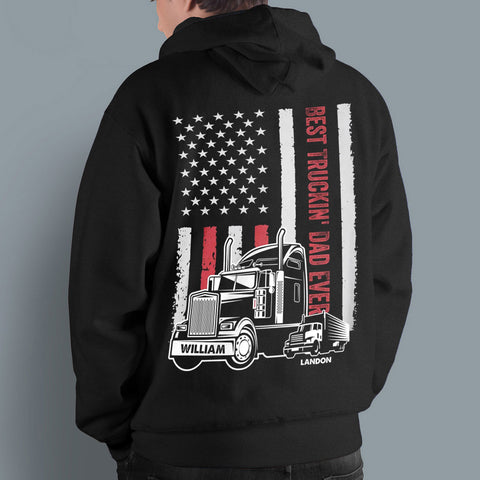 Personalized T-Shirt For Trucking Dad Father From Son Daughter Gifts For Dad Awesome Truckin' Dad Ever Vintage Flag Trucker Custom Name Short Sleeve Tops Tee Shirt For Father's Day
