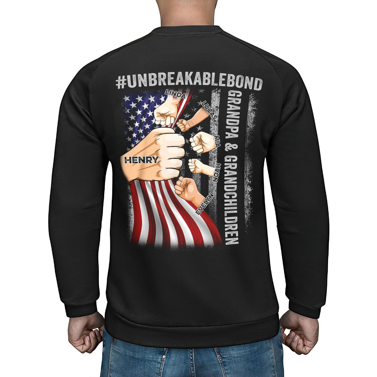 Personalized Shirt For Papa From Grandkids Custom Name Grandpa & Grandsons Granddaughters Unbreakable Bond Flag Back Side T-Shirt Papa Gifts Shirts For Men Family On Christmas