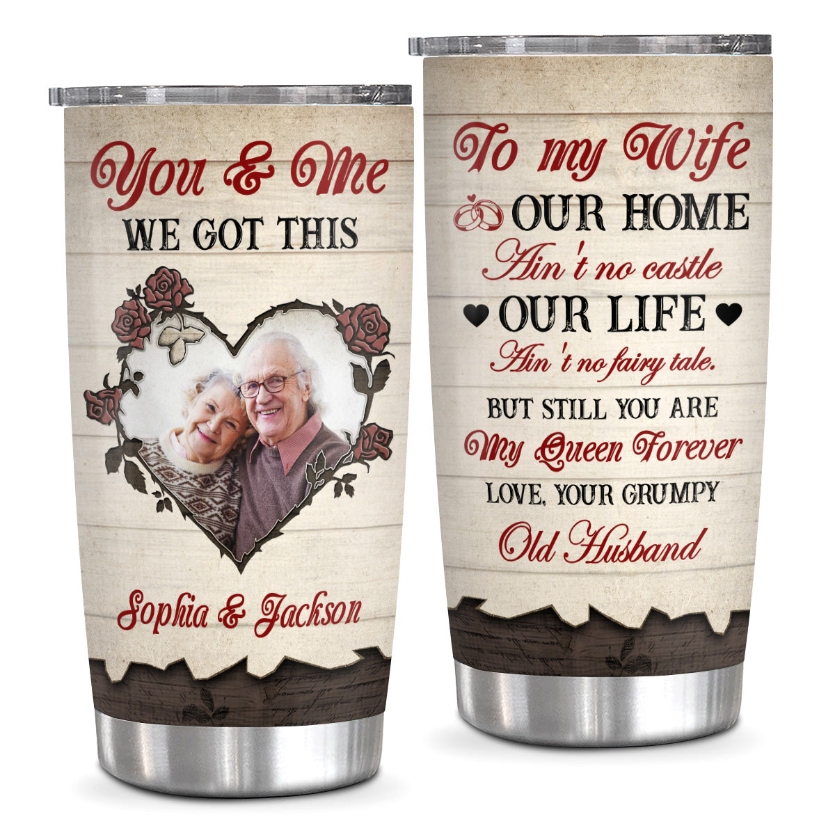 You Me Got This Old Couple Romantic Roses Heart Frame Wooden, Personalized Photo Tumbler, Gifts For Him Her From Honey, Insulated 20oz Travel Cup, Gifts For Valentine