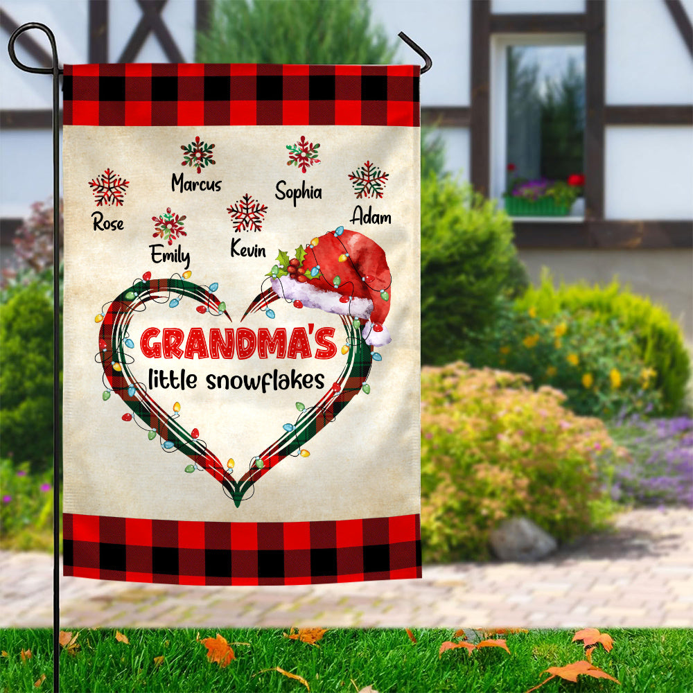 Custom Grandmas Little Snowflakes Flag, Christmas Plaid Heart Santa Hat Names Yard Sign, Holiday Season Lawn Decor, Custom Grandchildren Name Banner,  Gifts For Nana From Grandkids