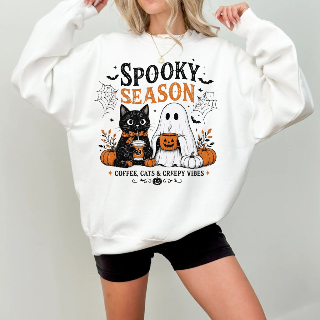 Spooky Season Coffee Cats & Creepy Vibes Shirt, Cute Black Cat Ghost Halloween Tee , Unisex Regular Fit Crewneck Tee, Casual Clothing
