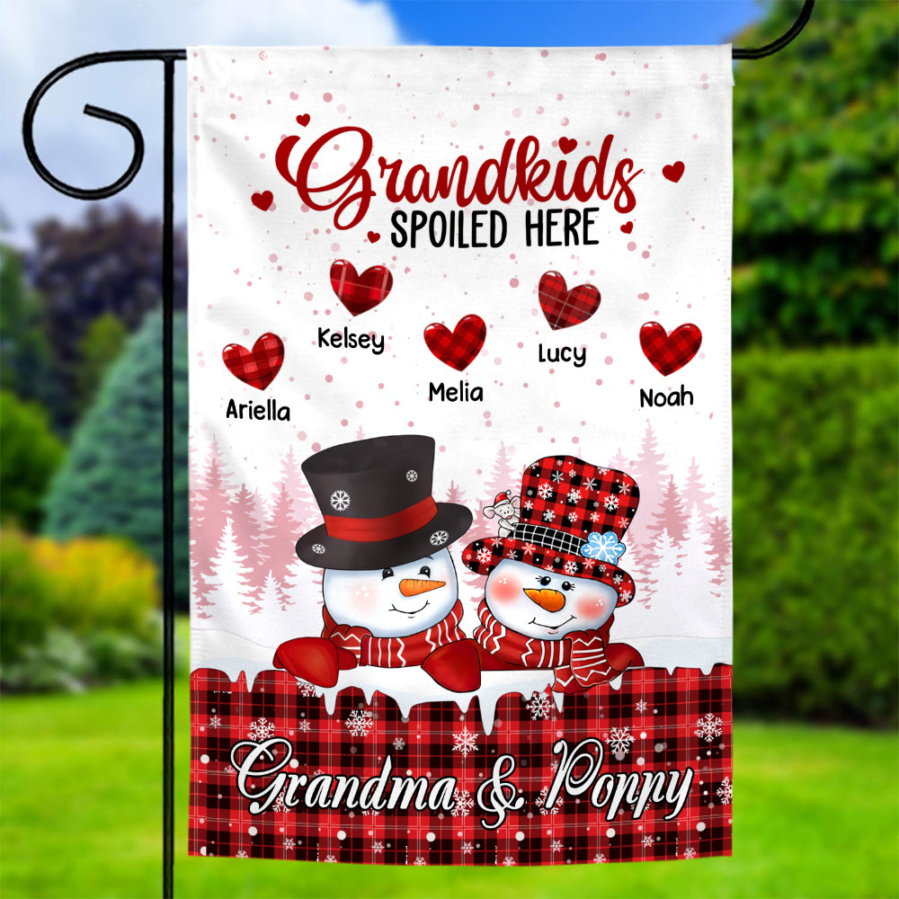 Personalized Grandchildren Names Outdoor Flag, Custom Grandma Poppy Garden Banner, Red Plaid Winter Yard Lawn Sign, Grandkids Spoiled Here Garden Sign