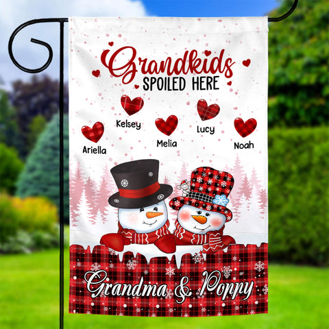 Personalized Grandchildren Names Outdoor Flag, Custom Grandma Poppy Garden Banner, Red Plaid Winter Yard Lawn Sign, Grandkids Spoiled Here Garden Sign