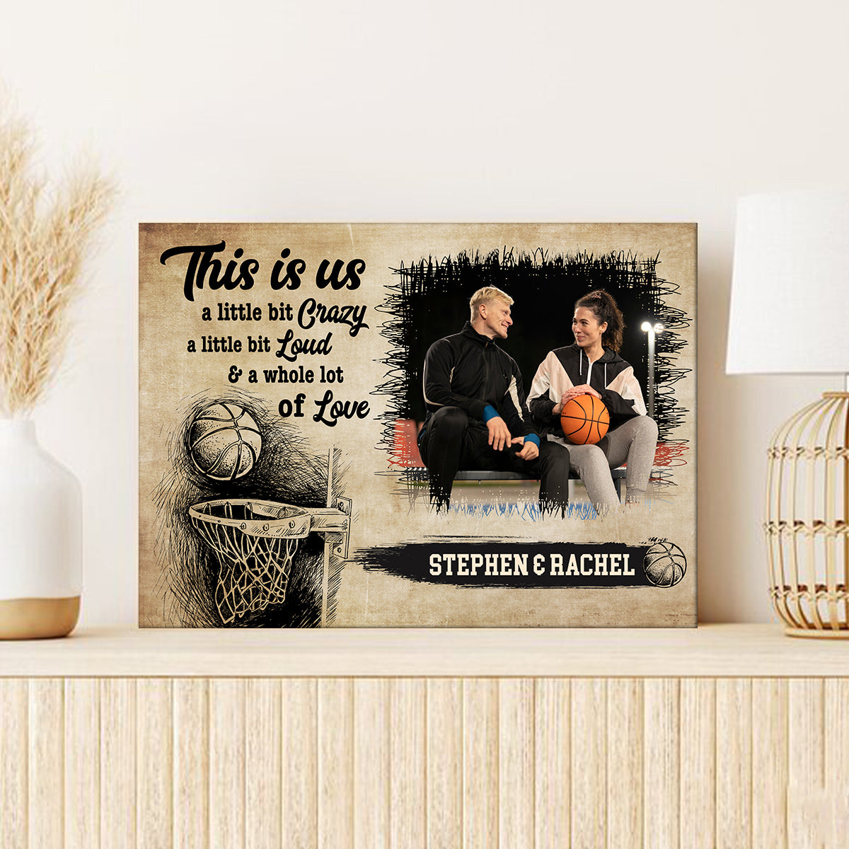 Personalized Name Couple Basketball Canvas Wall Art, A Little Bit Loud & A Whole Lot Of Love Quote Decor, Athletic Theme Print Canvas Wall Art, Gifts For Him Her Poster Prints Decor