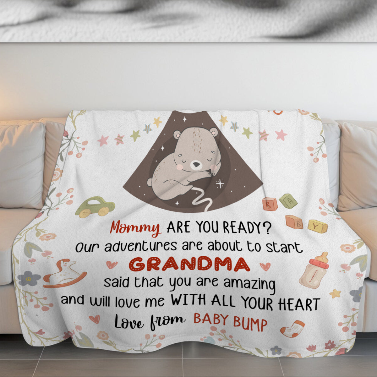 Mom To Be Gifts, I Already Love You Floral Cute Baby Bear Sleeping Ultrasound Mommy's Tummy Blanket For New Mom Mother's Day
