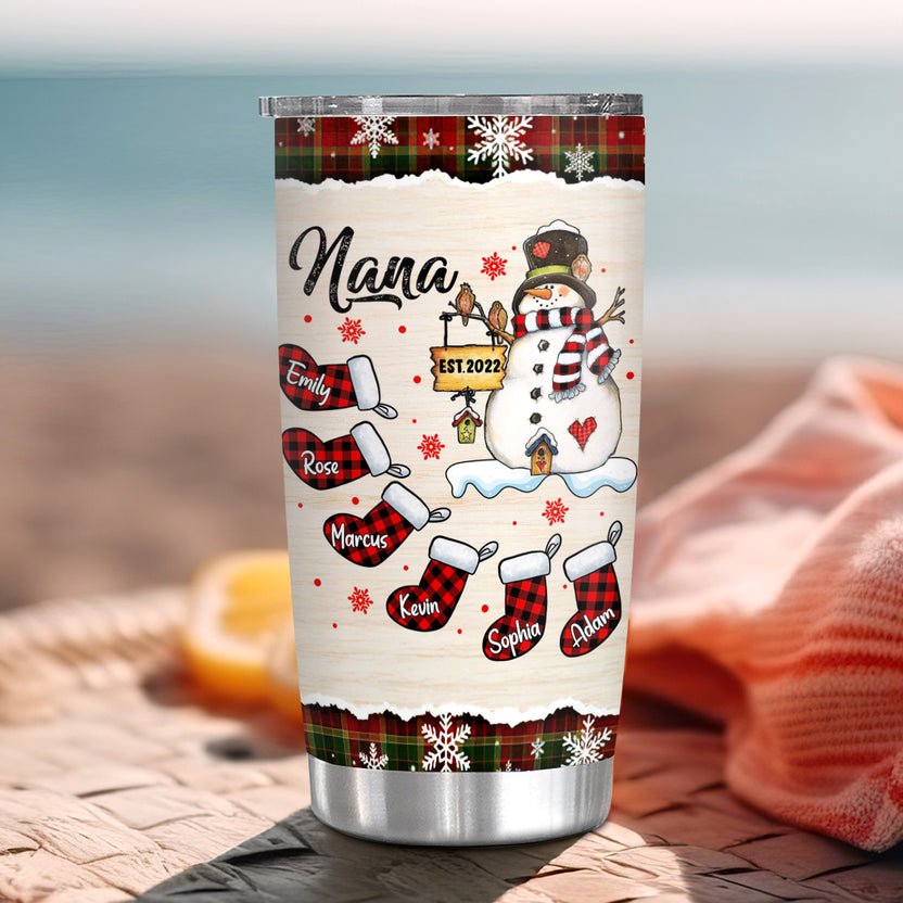Grandma Gifts, Nana Established Name Tumbler, Personalized Christmas Family Cup, Plaid Stockings Drinkware, Christmas Tumbler, Checkered Stockings Family Names, Personalized Tumbler, Gifts For Nana From Grandkids, 20oz With Lid Travel Cup, Gifts For Mothe
