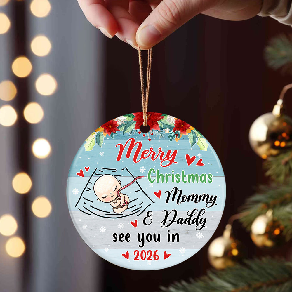 Mom To Be Gifts, Merry Christmas As Mommy & Daddy Sleeping Baby Bump, Custom Baby Announcement Circle Ornament, Holiday Decor, Maternity Circle Ornament Gifts For New Mommy