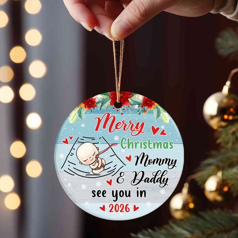 Mom To Be Gifts, Merry Christmas As Mommy & Daddy Sleeping Baby Bump, Custom Baby Announcement Circle Ornament, Holiday Decor, Maternity Circle Ornament Gifts For New Mommy