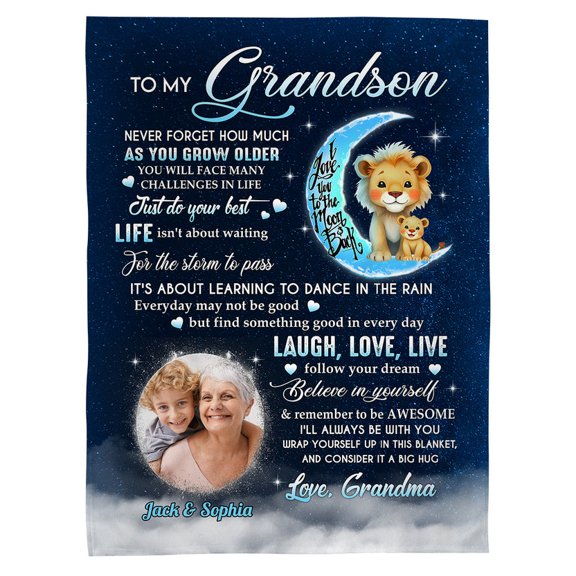 Grandson Gifts Ideas, Believe And Remember To Be Awesome Lions With Moon Upload Photo, Personalized Blanket, Gifts For Grandson From Grandma, Fleece Sherpa Blanket, Gifts For Christmas