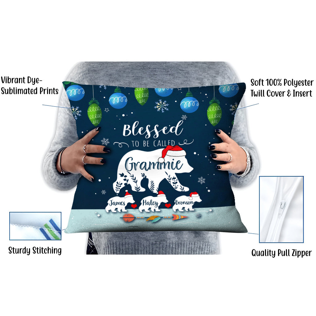 Grammie Pillow, Custom Kids Names Polar Bear Family Pillow, Blue Christmas Decor, Living Room Accent Case, Holiday Snowflake Decor, Christmas Holiday