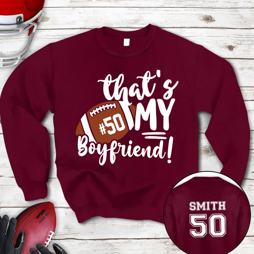 Personalized T-Shirt For Girlfriend Her Football Gifts That's My Boyfriend There For Football Girlfriend Football Family Games Day Cheer For Football Custom Title And Number Short  Tee