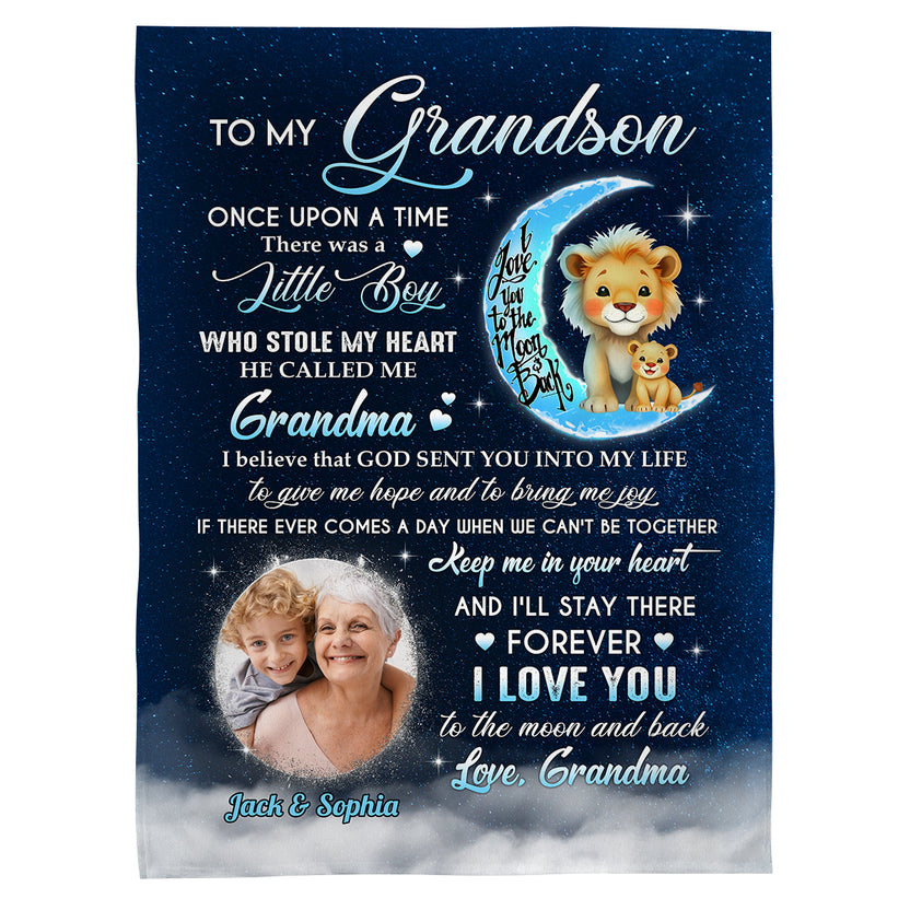 Gifts For Grandson, He Called Me Grandma Lions With Moon And Upload Photo, Personalized Blanket, Gifts For Grandson From Grandma, Fleece Sherpa Blanket, Gifts For Christmas Birthday