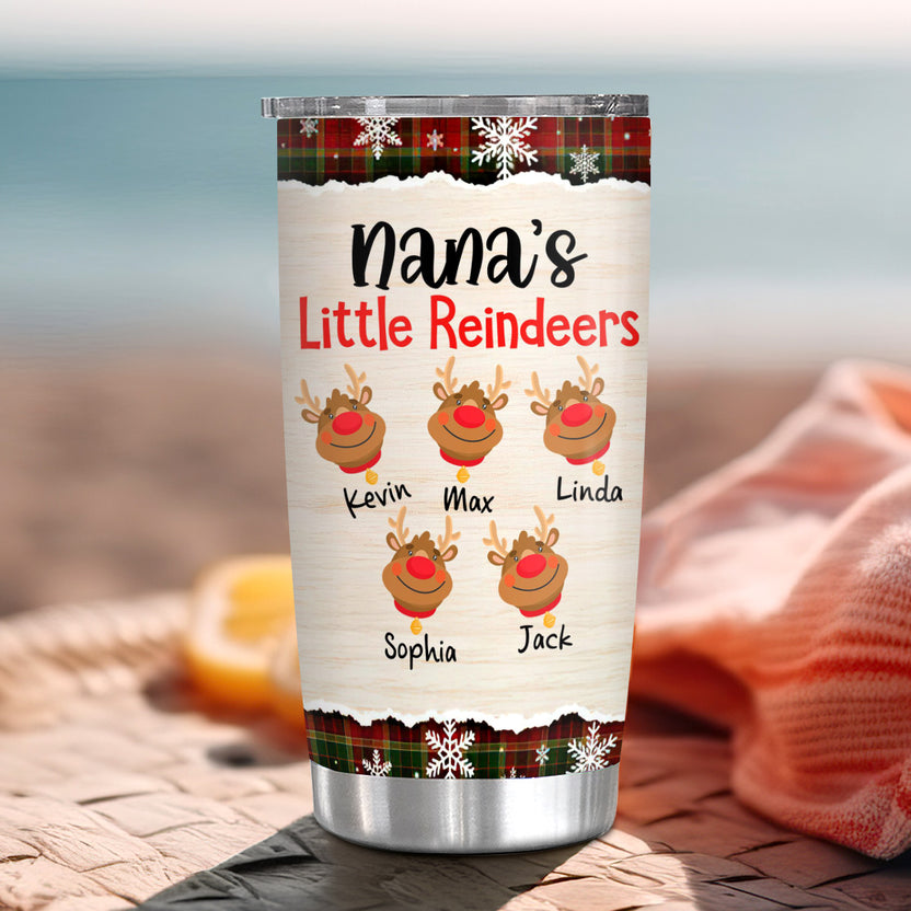 Nana Reindeers Xmas Tumbler, Grandchildren Name Travel Cup, Red Checkered Stainless Cup, Cute Christmas Reindeer, Drinkware Personalized Tumbler, Gifts For Nana From Grandkids