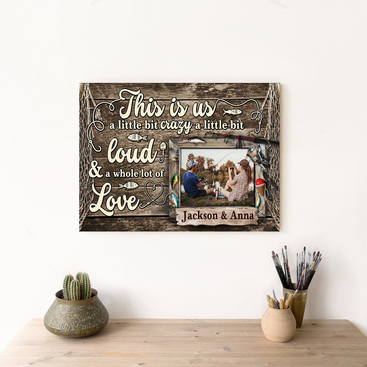 Personalized Name Fishing Canvas Artwork, A Little Bit Loud & A Whole Lot Of Love Phrase, Country Cabin Theme Decor, Personalized Canvas Wall Art, Gifts For Him Her  Poster Prints
