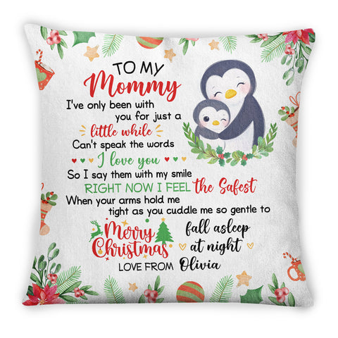 Personalized Square Pillow For New Mom From Family Pregnancy Gifts Penguin Hugging Baby I've Only Been With You Christmas Decor Custom Name Double Sided Sofa Couch Cushion On Christmas