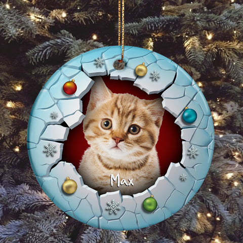 Fluffy Cat Christmas Ornament 3d Break Through Circle Circle Ceramic/ Plastic Design, Custom Name Pet Decoration, Holiday Keepsake Gifts, Personalized Christmas Ornament, Gifts For Cat