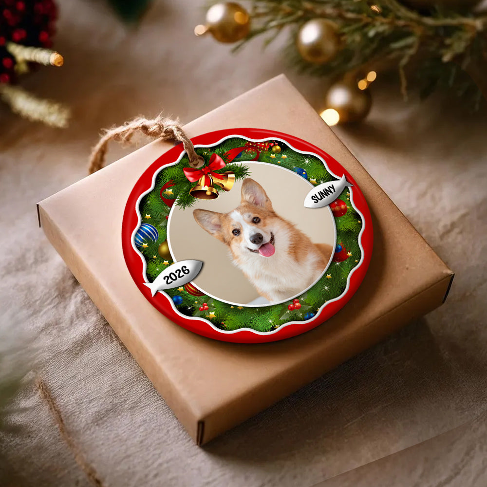 Dog Xmas Frame Custom Photo Dog Cute With Name & Year, Pet Milestone Keepsake, Custom Photo Holiday Tree Hanging Christmas Ornament, Tree Decor, Personalized Christmas Ornament