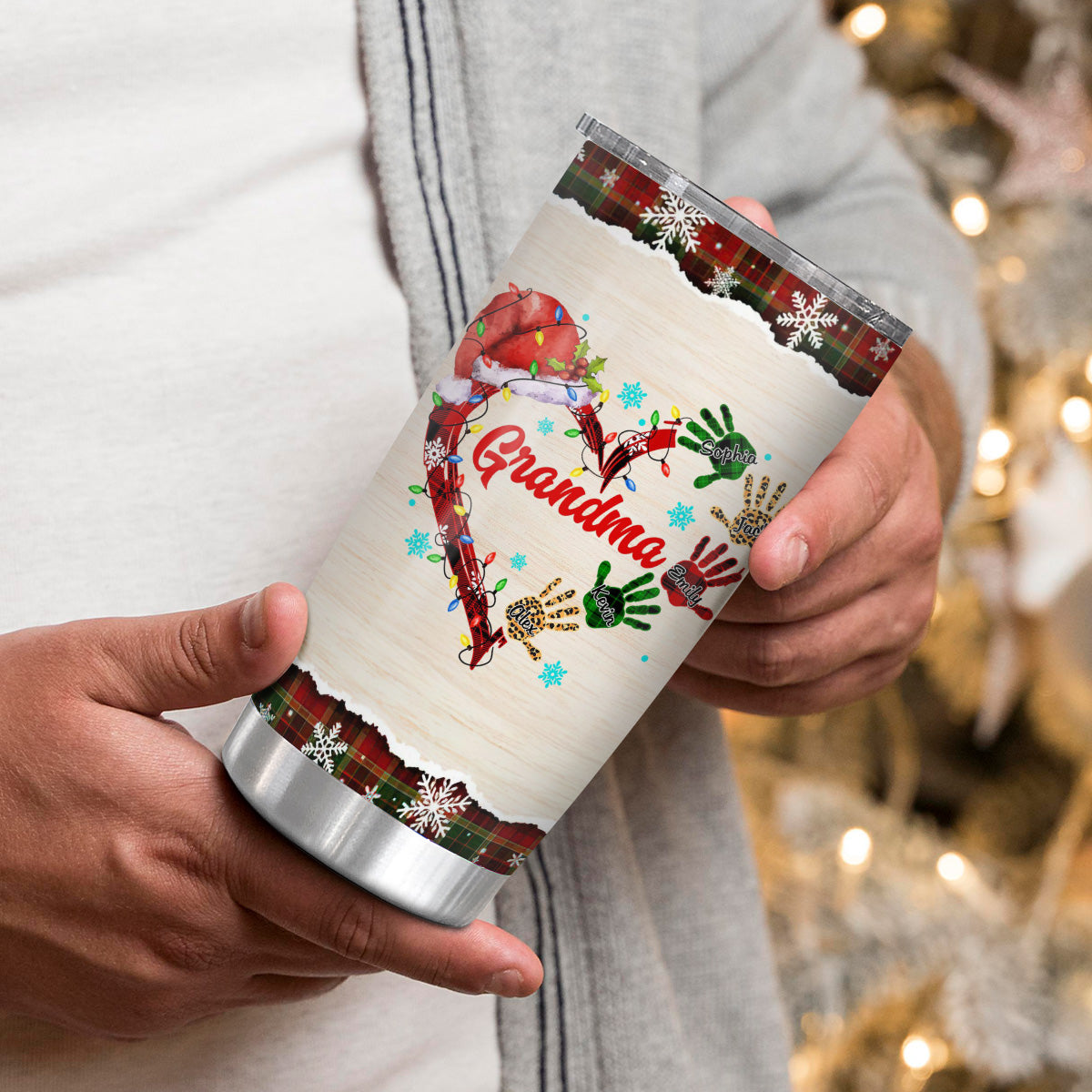 Grandma Christmas Tumbler, Personalised Grandchildren Names Travel Cup, Festive Winter Drinkware, Christmas Handprint Grandkid Name Travel Cup, Personalized Tumbler, Gifts For Nana Mama