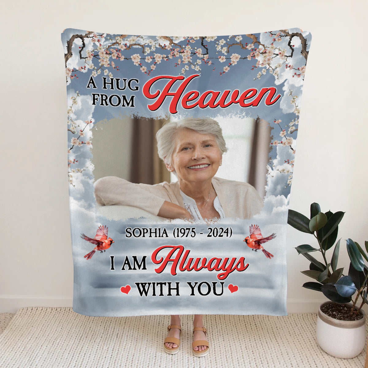 Remembrance Gifts, Personalized Memorial Blanket With Photo, I Am Always With You Red Bird Blossom Tree, Loss Of Grandpa Grandma Blanket, Fleece Sherpa, Memorial Gifts For Anniversary