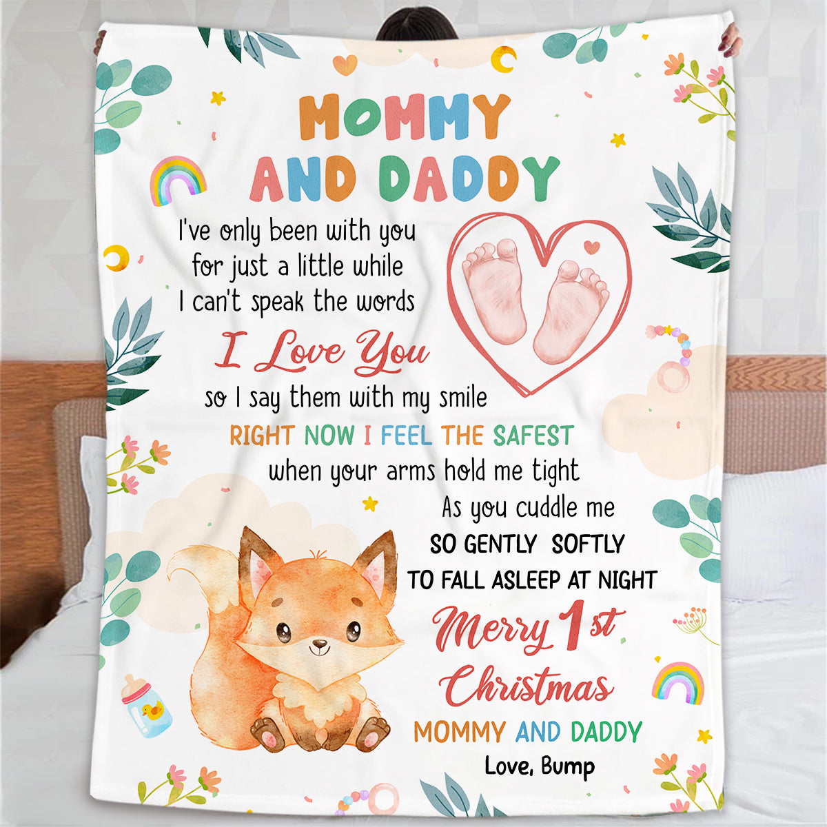 Merry 1st Christmas Mommy Daddy I've Only Been With You A While Footprint Baby Fox, Personalized Blanket, Gifts For New Parents, Fleece Sherpa Blanket, New Parents, Gifts For Xmas