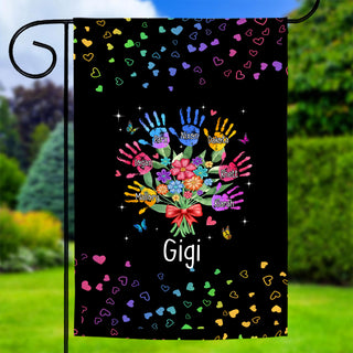 Personalized Grandkids Handprint Garden Flag, Custom Gigi Flower Bouquet Outdoor Banner, Rainbow Hearts Yard Lawn Decor,Grandchildren Names Yard Decor