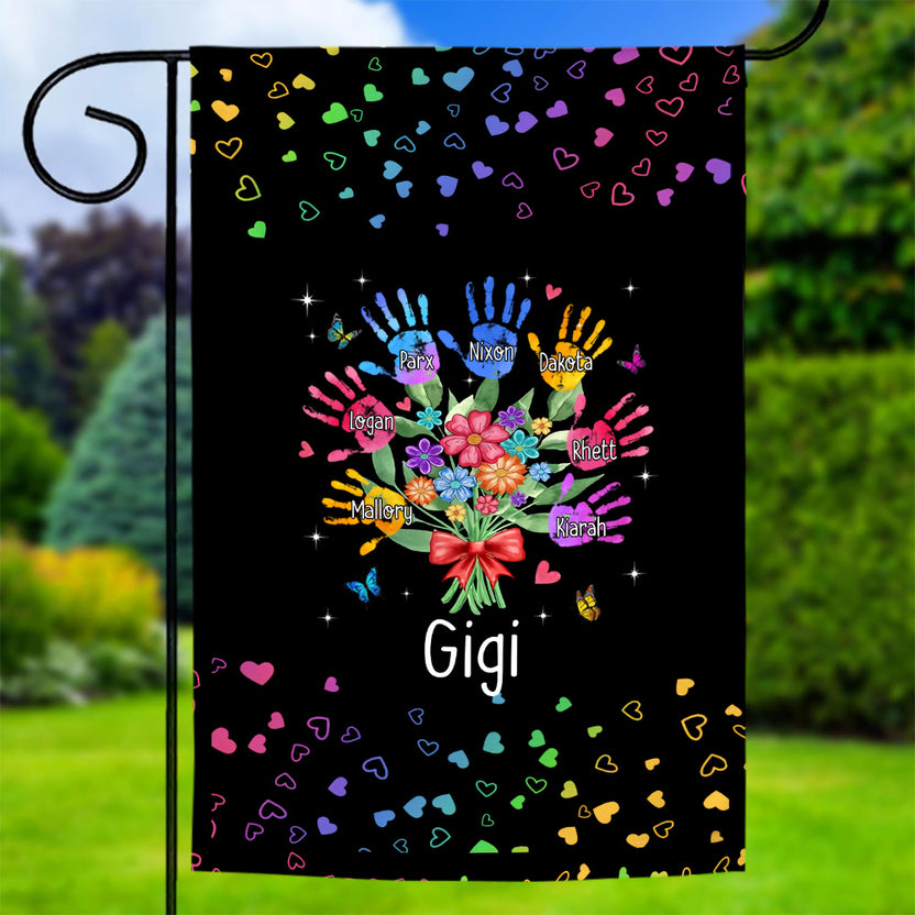 Personalized Grandkids Handprint Garden Flag, Custom Gigi Flower Bouquet Outdoor Banner, Rainbow Hearts Yard Lawn Decor,Grandchildren Names Yard Decor